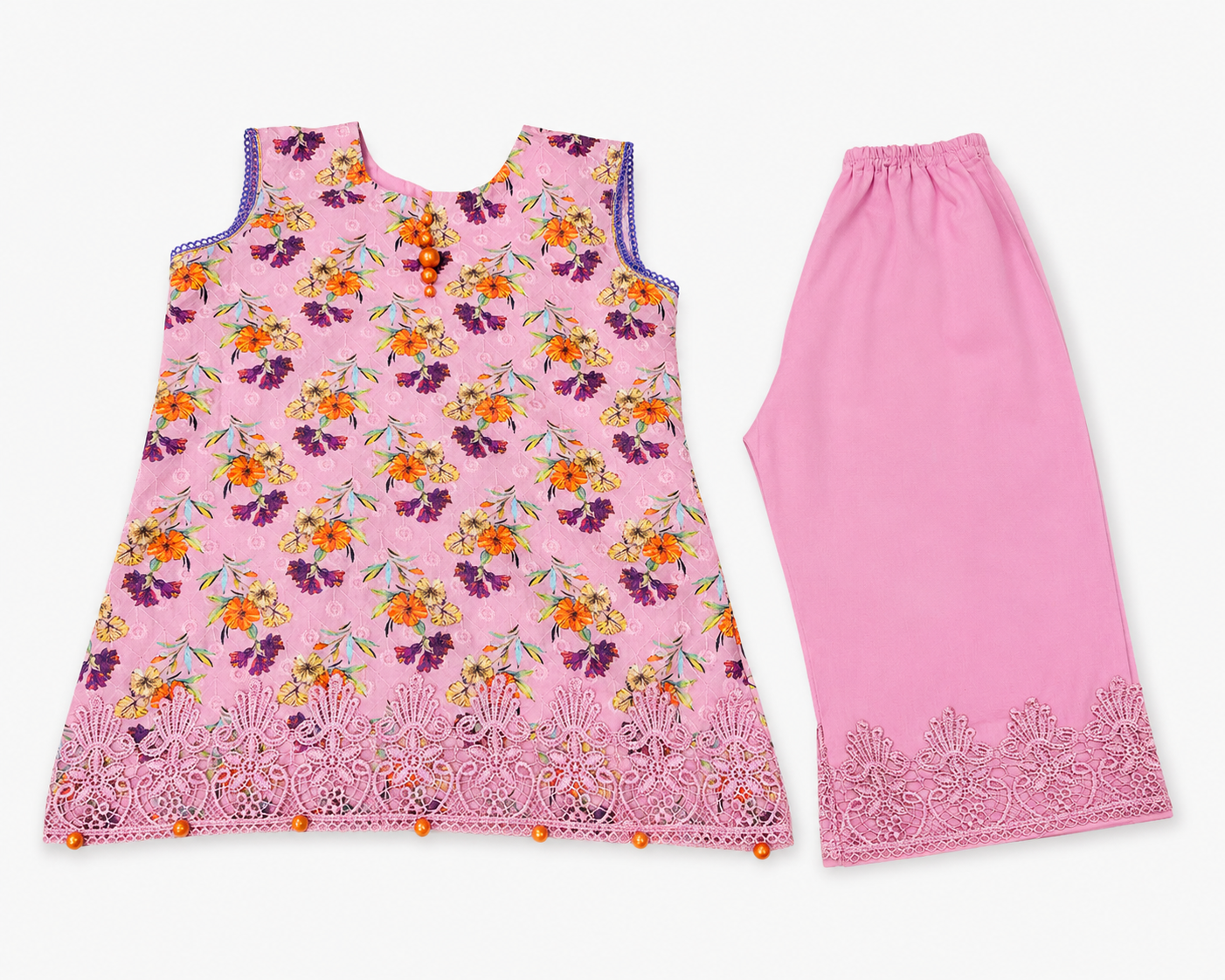 Pink Floral Girls Co-Ord Set with Lace Detail