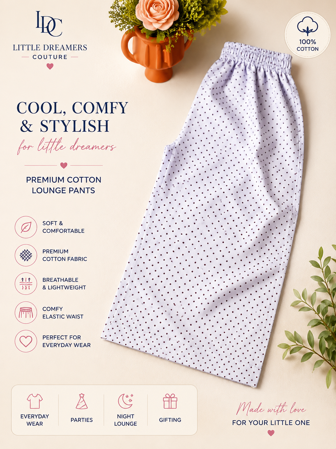 Girls Navy Lace Top with Polka Dot Pants Cotton Co-Ord Set