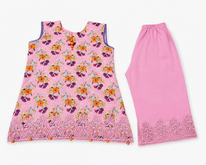 Pink Floral Girls Co-Ord Set with Lace Detail
