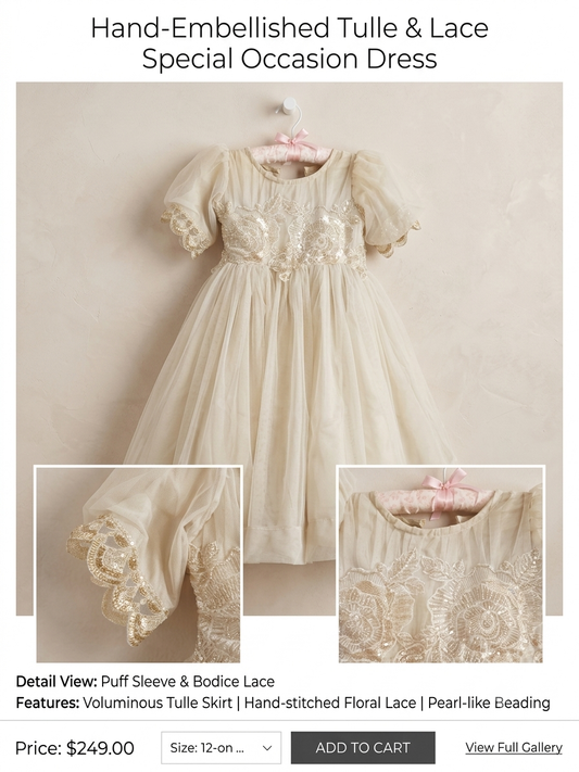 Hand-Embellished Tulle & Lace Dress for Girls | Luxury Occasion Wear