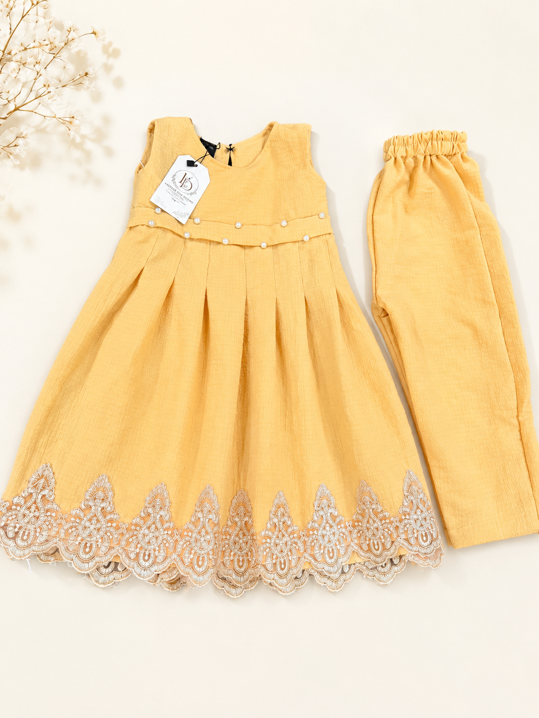 Yellow Pearl Embellished Girls Dress