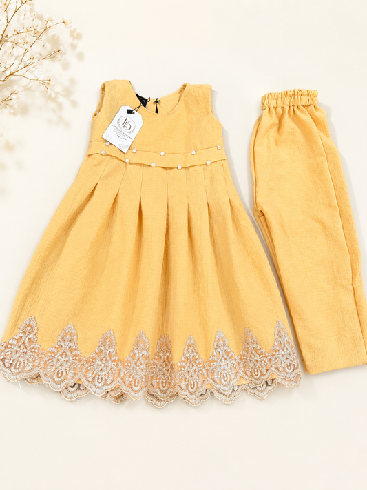 Yellow Pearl Embellished Girls Dress