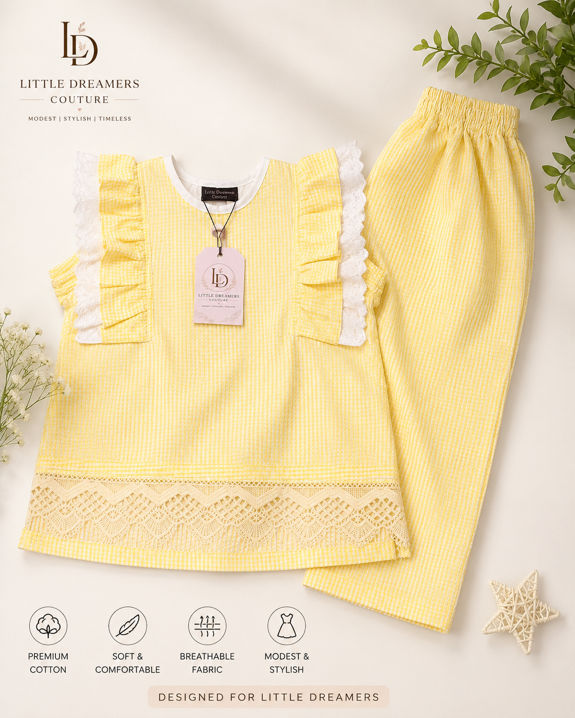 Girls Yellow Cotton Co-Ord Set with Lace Trim |