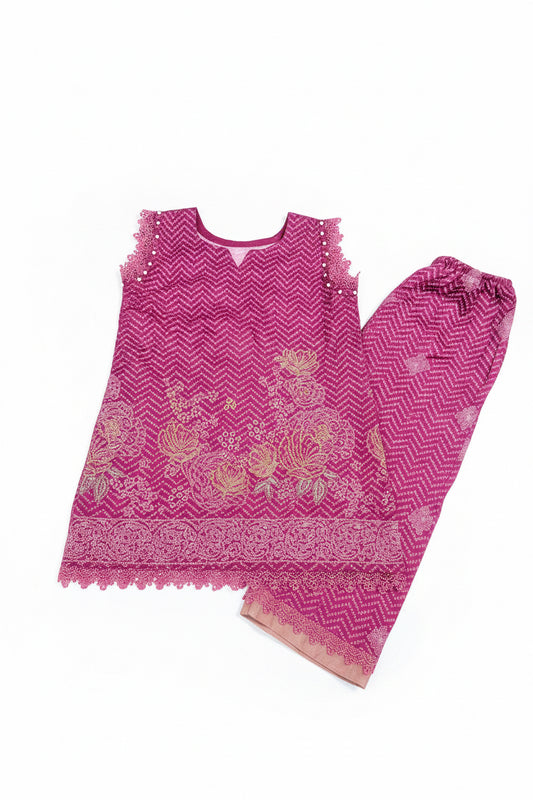 Girls Pink Embroidered Raw Silk Suit Set