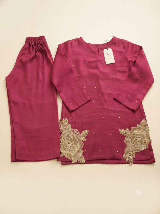 Magenta Pearl Embellished Girls Co-Ord Set | Elegant Kids Party Wear