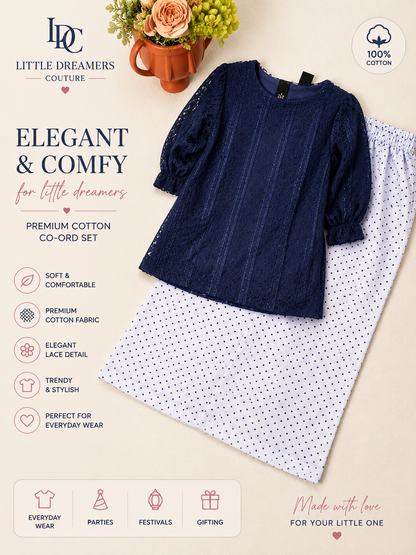 Girls Navy Lace Top with Polka Dot Pants Cotton Co-Ord Set