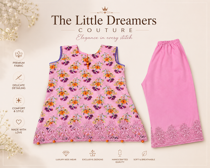 Pink Floral Girls Co-Ord Set with Lace Detail