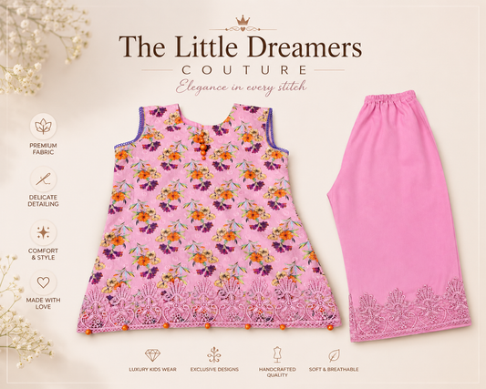 Pink Floral Girls Co-Ord Set with Lace Detail