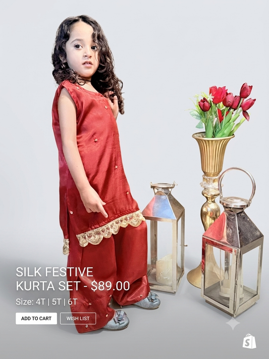 Silk Festive Kurta Set for Girls | Luxury Kids Wea=r