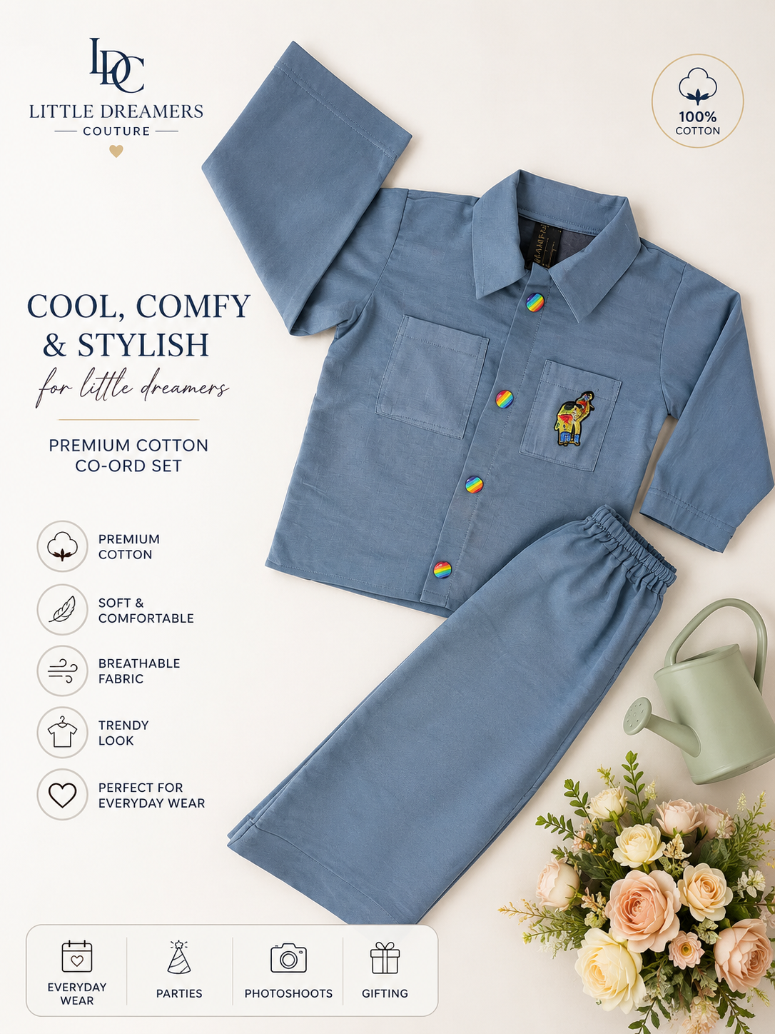 Kids Blue Cotton silk  Premium Shirt & Pants