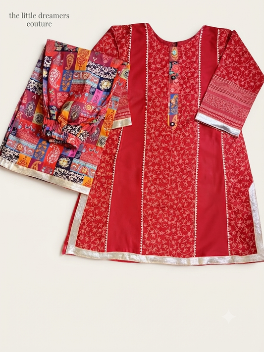 Red Printed Girls 2 Piece Eastern Suit