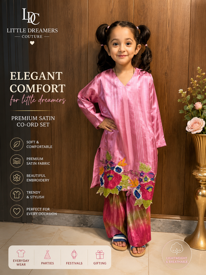 Girls Pink Silk  Embroidered Co-Ord Set