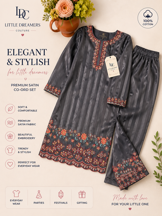 Girls Black Embroidered Satin 2 pc