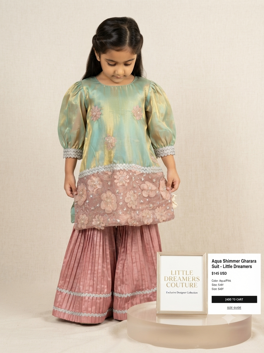 Girls Mint Green & Pink Embellished Shimmer Kurta with Pleated Sharara