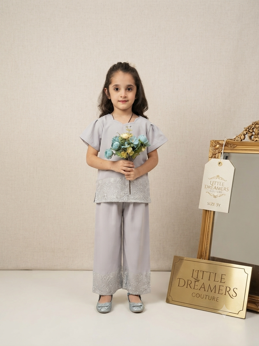 Girls Grey Embroidered Co-Ord Set | Little Dreamers Couture
