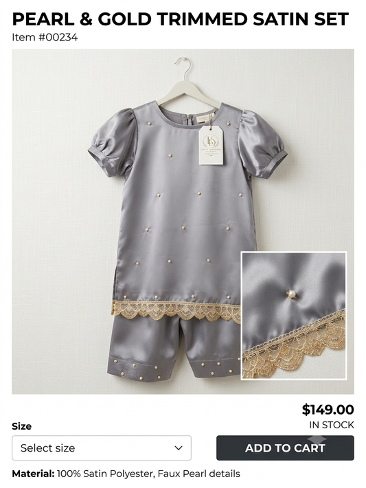 Pearl & Gold Trimmed Satin Set for Girls
