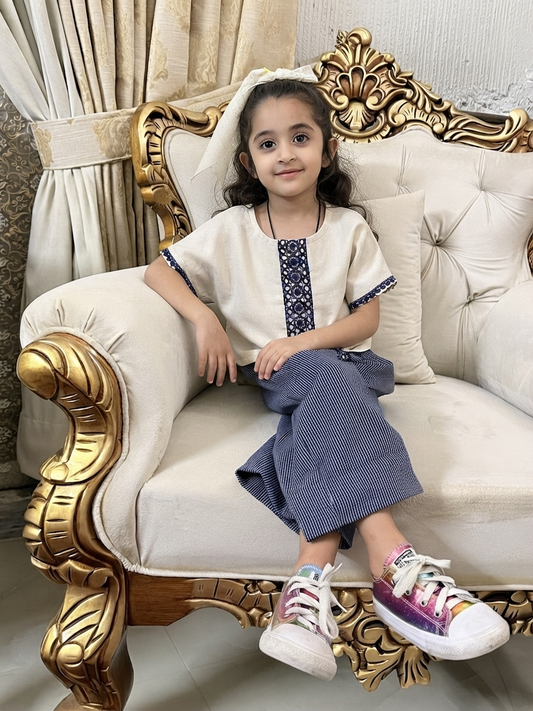 Girls Beige & Navy Embroidered Co-Ord Set