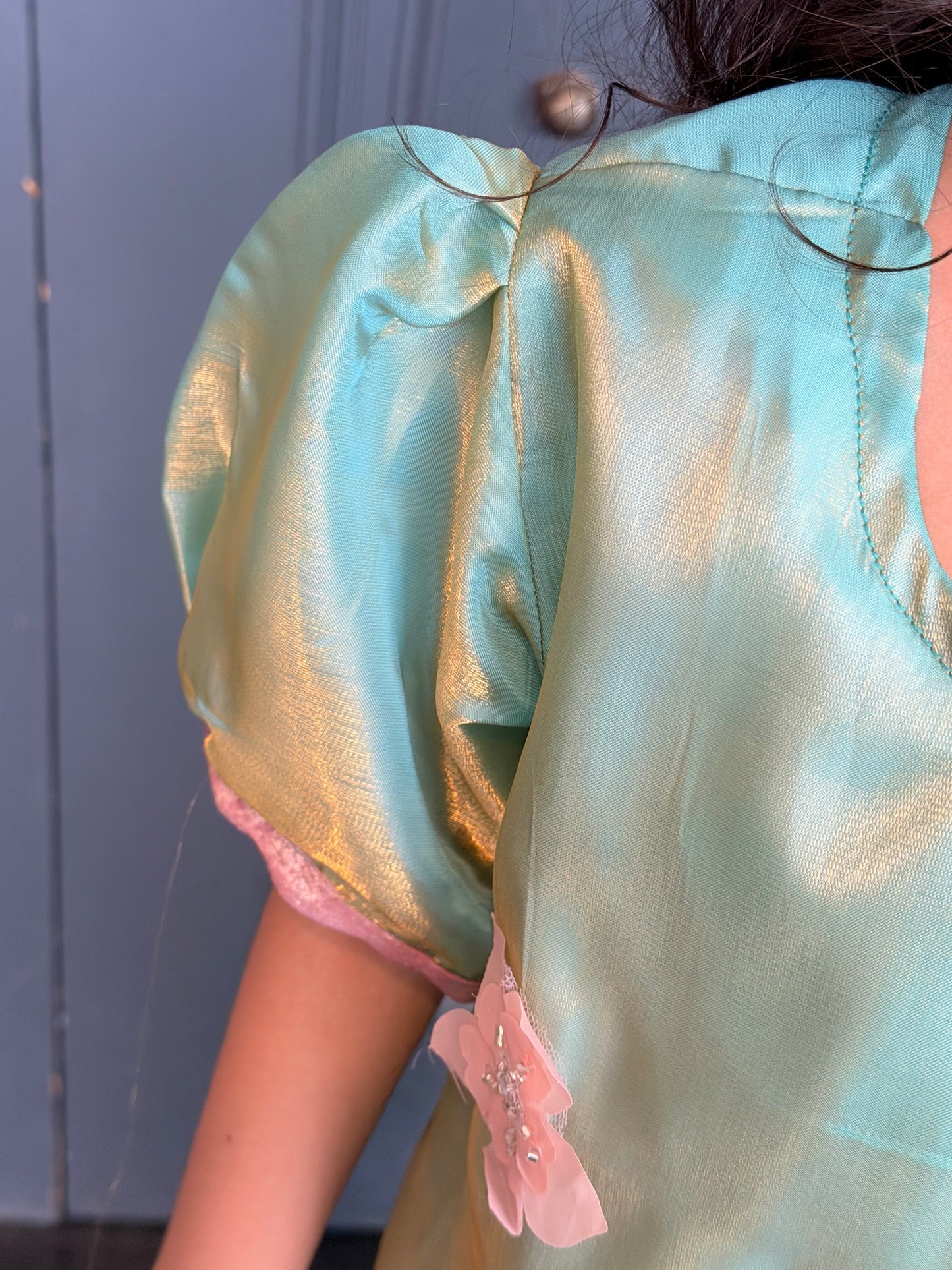 Girls Mint Green & Pink Embellished Shimmer Kurta with Pleated Sharara