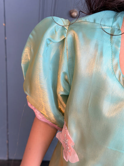 Girls Mint Green & Pink Embellished Shimmer Kurta with Pleated Sharara