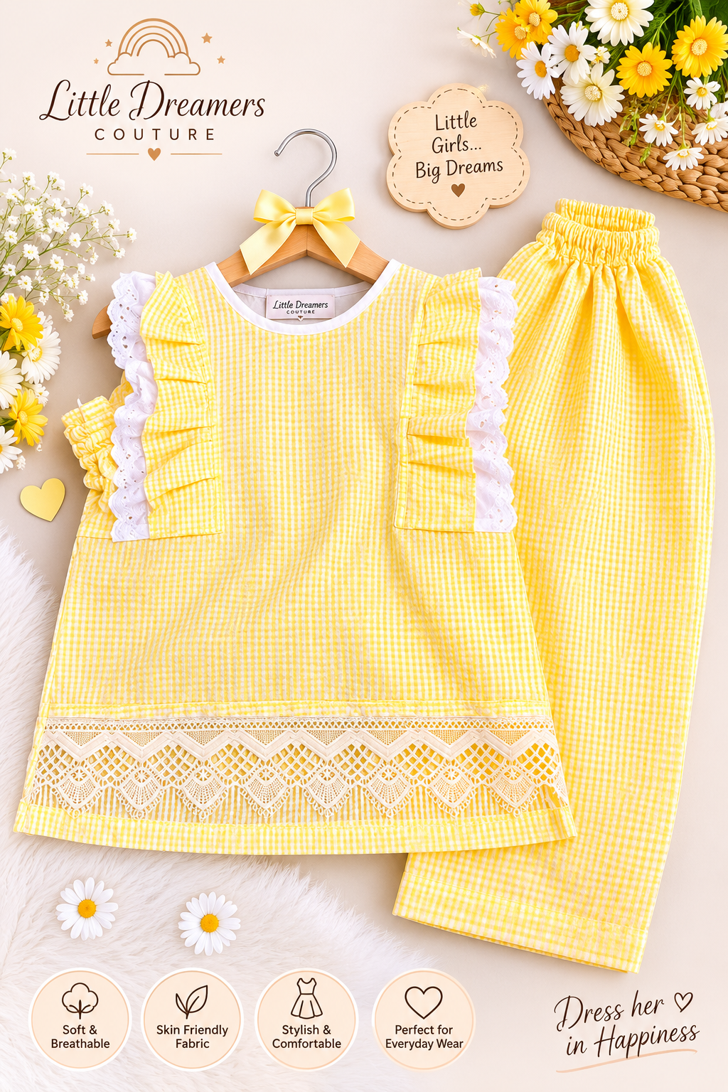 Girls Yellow Cotton Co-Ord Set with Lace Trim |