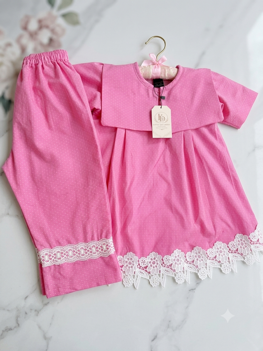 Pleated Floral Lace Dress Set for Girls