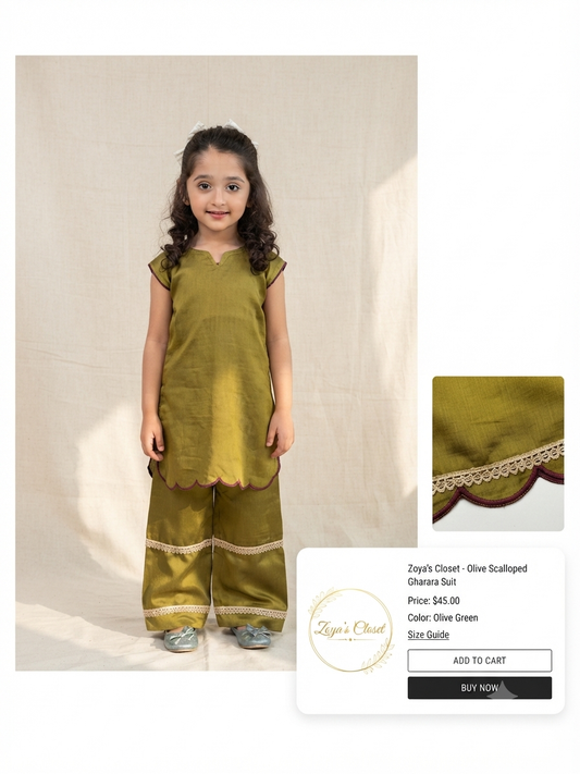 Olive Green Scalloped Suit for Girls | Elegant Ethnic Wear