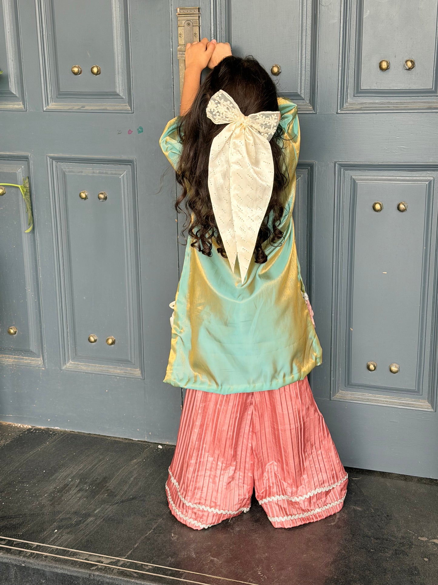 Girls Mint Green & Pink Embellished Shimmer Kurta with Pleated Sharara