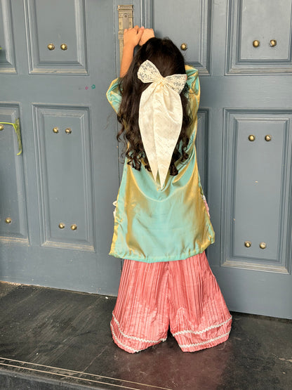 Girls Mint Green & Pink Embellished Shimmer Kurta with Pleated Sharara