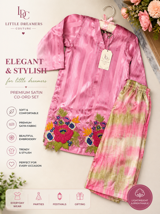 Girls Pink Silk  Embroidered Co-Ord Set