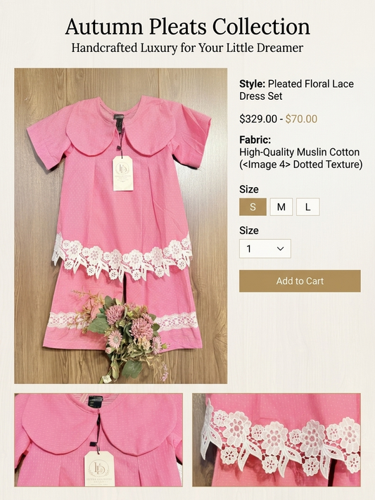 Pleated Floral Lace Dress Set for Girls | Premium Muslin Cotton | Little Dreamer Couture