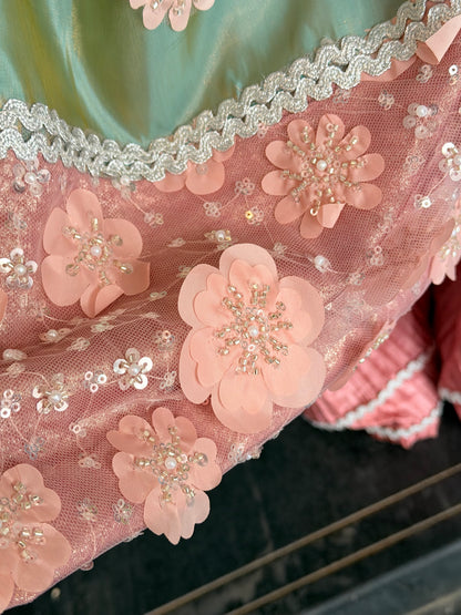 Girls Mint Green & Pink Embellished Shimmer Kurta with Pleated Sharara